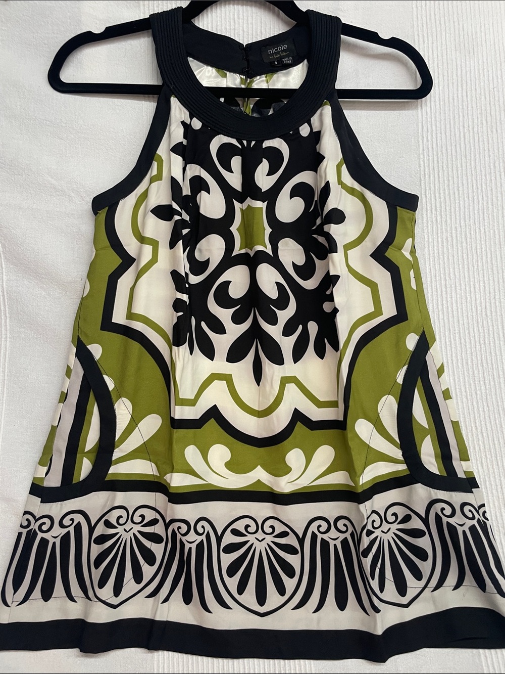 Nicole Miller Halter Tunic Top in Green, Black & Cream